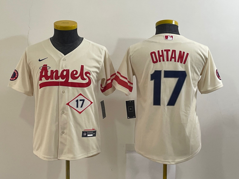 Los Angeles Angels Kids OHTANI #17 Cream MLB Jersey 02