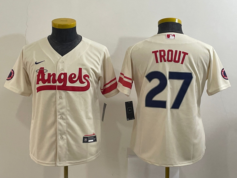 Los Angeles Angels Kids TROUT #27 Cream MLB Jersey