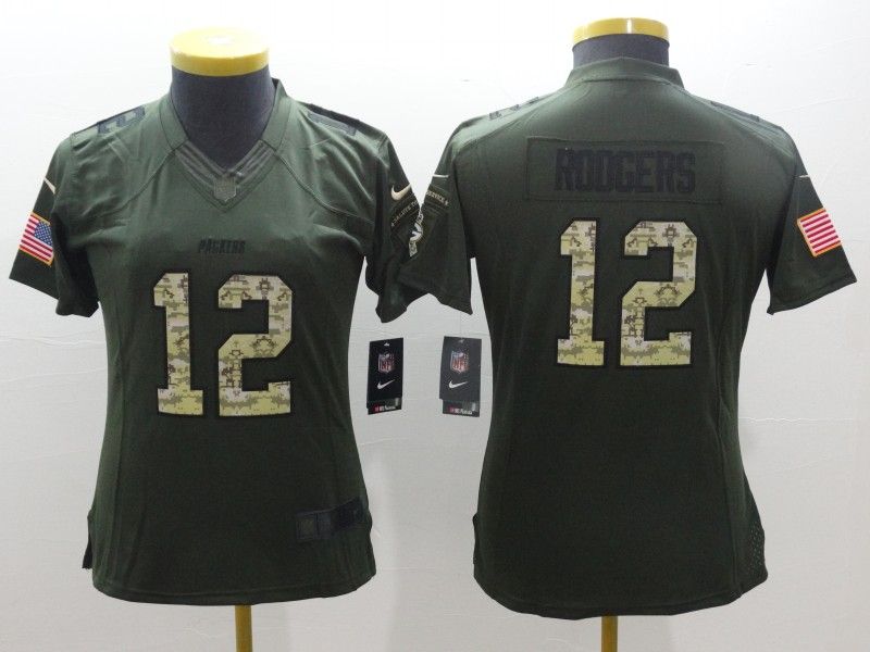Green Bay Packers RODGERS #12 Olive Salute To Service Women NFL Jersey 05
