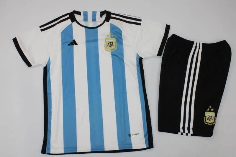Argentina 2022 Kids Home 3 Stars Soccer Jersey And Shorts
