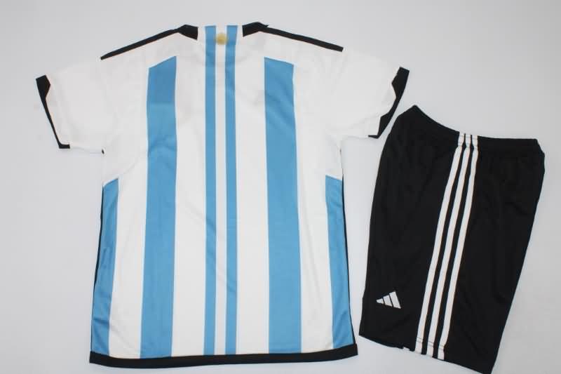 Argentina 2022 Kids Home 3 Stars Soccer Jersey And Shorts