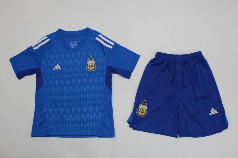 Argentina 2023 Kids Goalkeeper Blue Soccer Jersey And Shorts
