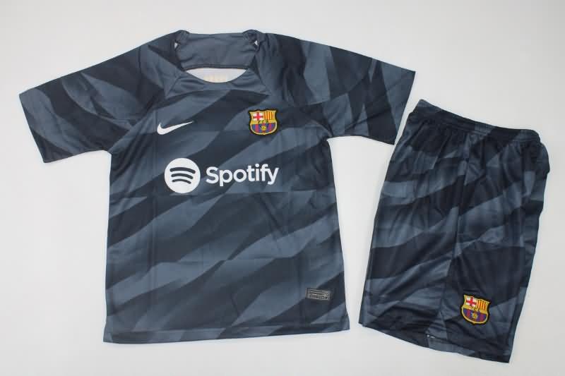 Barcelona 23/24 Kids Goalkeeper Black Soccer Jersey And Shorts