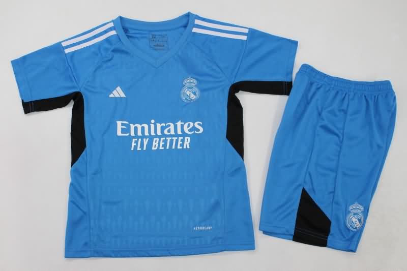 Real Madrid 23/24 Kids Goalkeeper Blue Soccer Jersey And Shorts