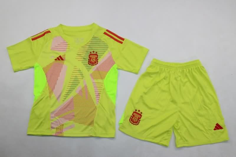 Argentina 2024 Kids Copa America Goalkeeper Yellow Soccer Jersey And Shorts