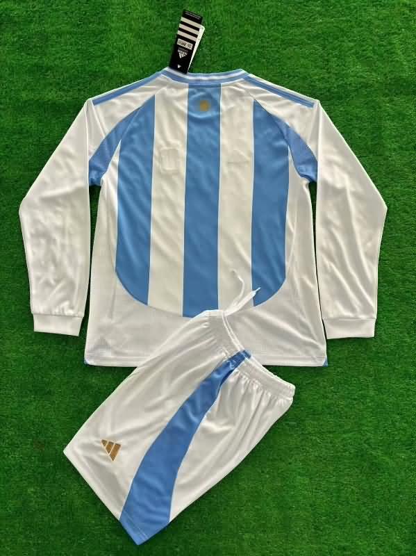 Argentina 2024 Kids Copa America Home Long Sleeve Soccer Jersey And Shorts