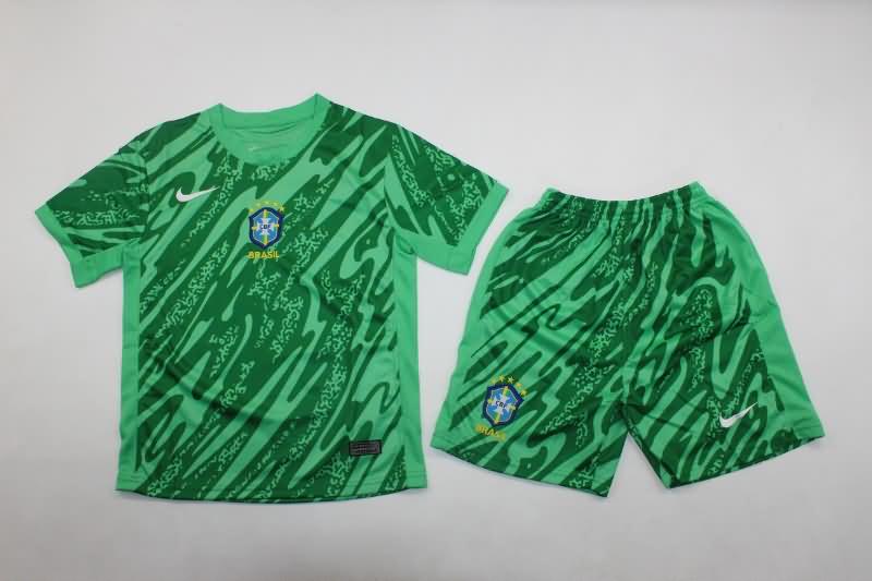 Brazil 2024 Kids Copa America Goalkeeper Green Soccer Jersey And Shorts