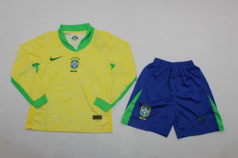 Brazil 2024 Kids Copa America Home Long Sleeve Soccer Jersey And Shorts