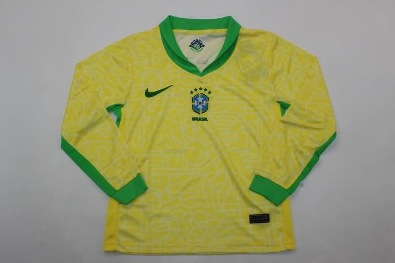 Brazil 2024 Kids Copa America Home Long Sleeve Soccer Jersey And Shorts