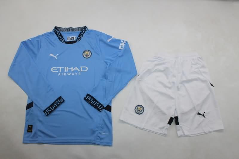 Manchester City 24/25 Kids Home Long Sleeve Soccer Jersey And Shorts