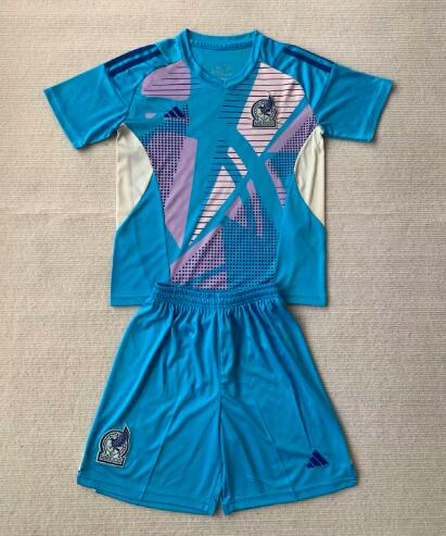 Mexico 2024 Kids Copa America Goalkeeper Blue Soccer Jersey And Shorts