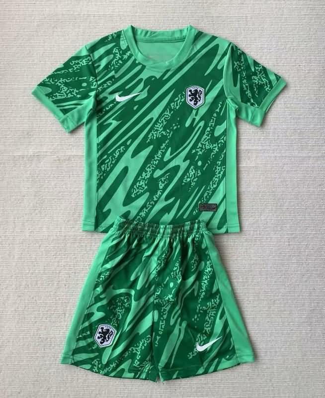 Netherlands 2024 Kids Goalkeeper Green Soccer Jersey And Shorts