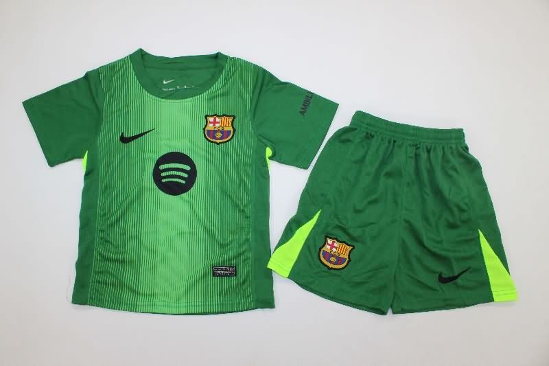 Barcelona 25/26 Kids Goalkeeper Green Soccer Jersey And Shorts