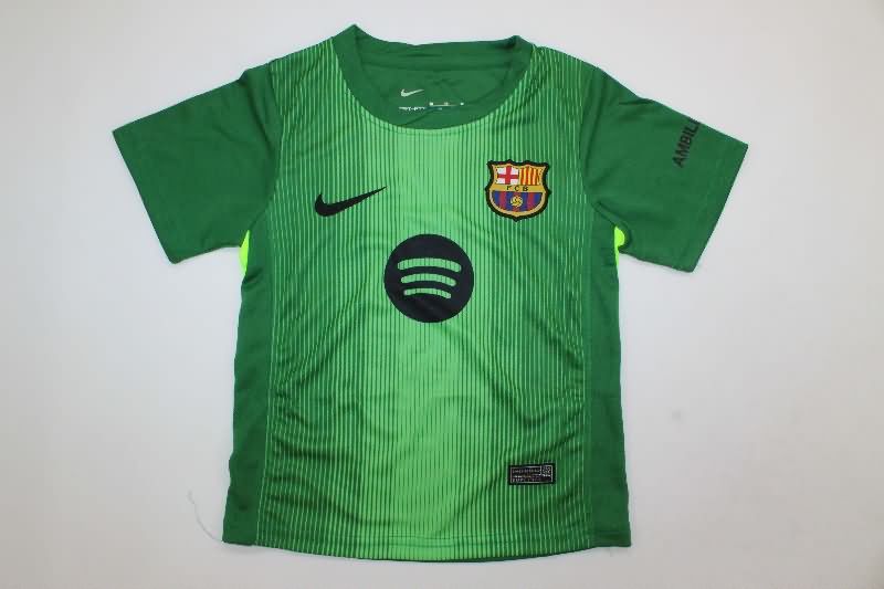Barcelona 25/26 Kids Goalkeeper Green Soccer Jersey And Shorts
