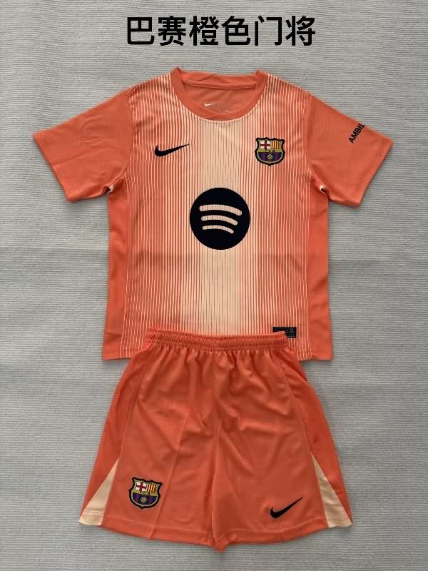 Barcelona 25/26 Kids Goalkeeper Orange Soccer Jersey And Shorts