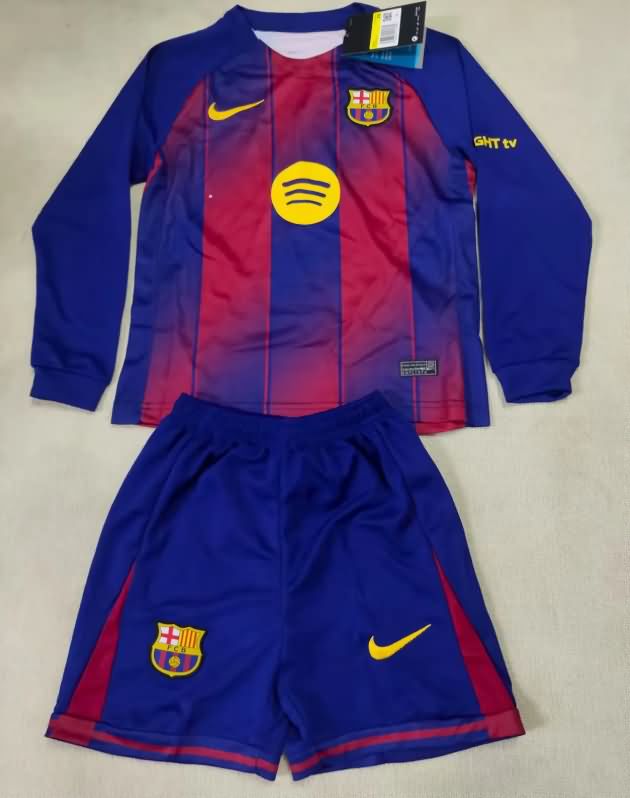 Barcelona 25/26 Kids Home Long Sleeve Soccer Jersey And Shorts