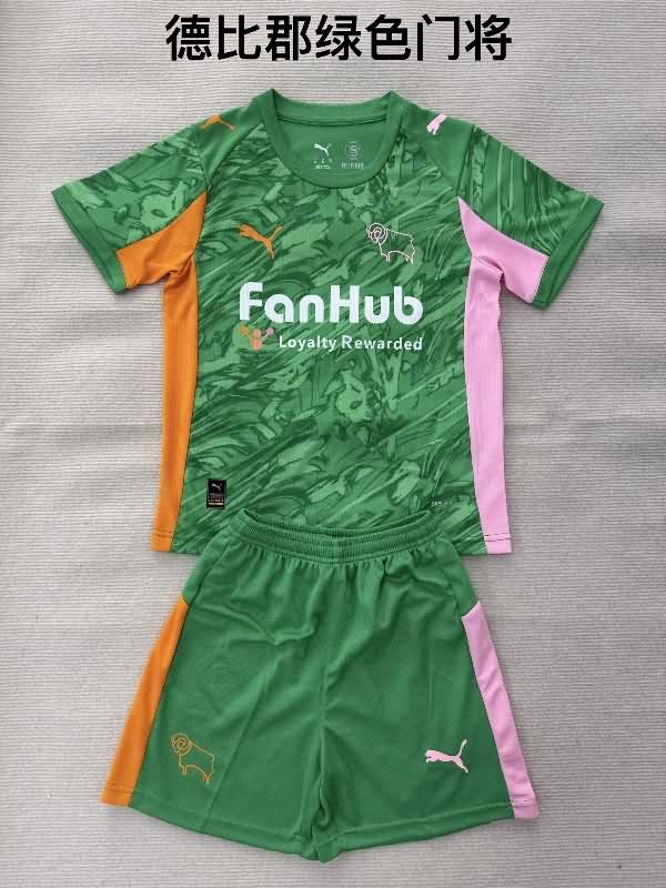 Derby County 25/26 Kids Goalkeeper Green Soccer Jersey And Shorts