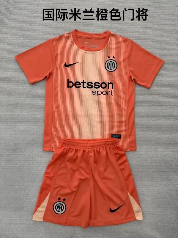 Inter Milan 25/26 Kids Goalkeeper Orange Soccer Jersey And Shorts