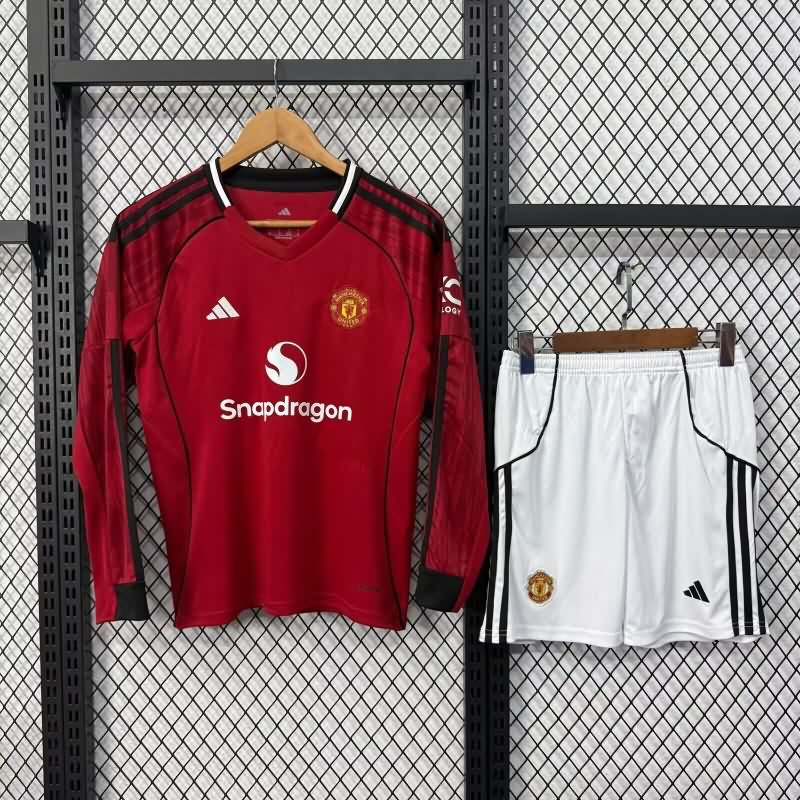 Manchester United 25/26 Kids Home Long Sleeve Soccer Jersey And Shorts