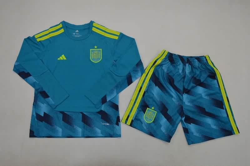 Spain 2026 Kids Goalkeeper Blue Long Sleeve Soccer Jersey And Shorts