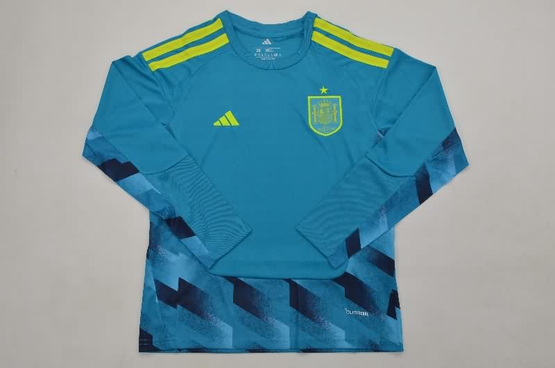 Spain 2026 Kids Goalkeeper Blue Long Sleeve Soccer Jersey And Shorts
