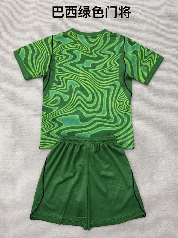 Brazil 2026 Kids Goalkeeper Green Soccer Jersey And Shorts