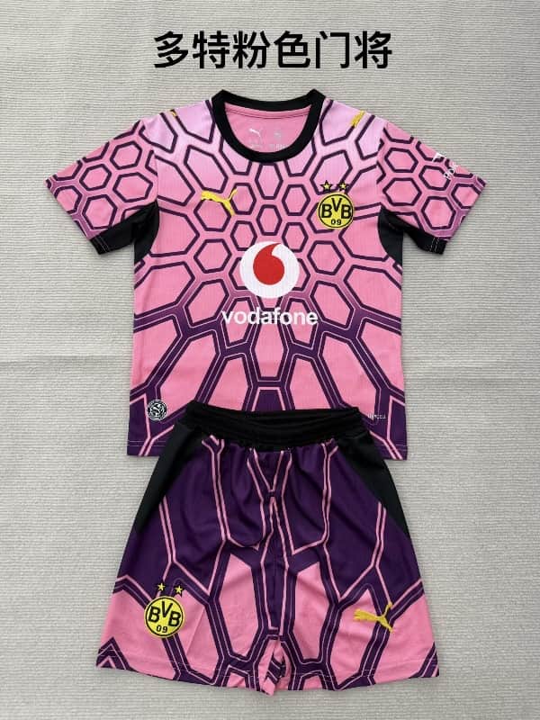 Dortmund 26/27 Kids Goalkeeper Pink Soccer Jersey And Shorts