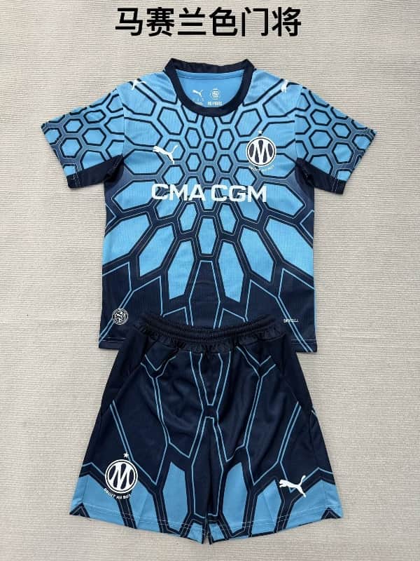 Marseilles 26/27 Kids Goalkeeper Blue Soccer Jersey And Shorts Marseilles 26/27 Kids Goalkeeper Blue Soccer Jersey And Shorts