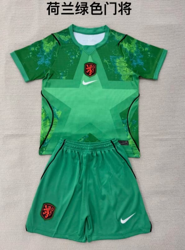 Netherlands 2026 Kids Goalkeeper Green Soccer Jersey And Shorts
