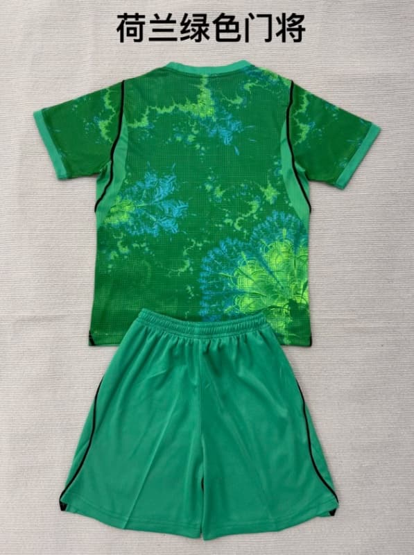 Netherlands 2026 Kids Goalkeeper Green Soccer Jersey And Shorts