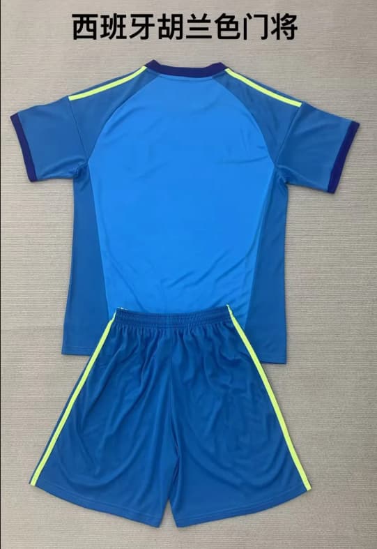 Spain 2026 Kids Goalkeeper Blue Soccer Jersey And Shorts 02